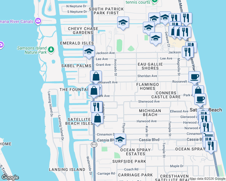 map of restaurants, bars, coffee shops, grocery stores, and more near 240 Avocado Street in Satellite Beach