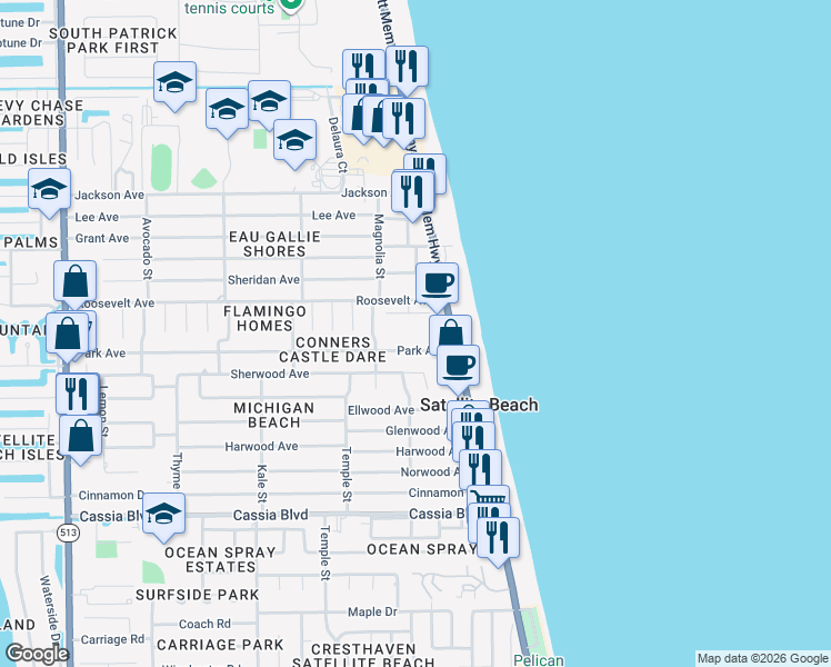 map of restaurants, bars, coffee shops, grocery stores, and more near 110 Seawind Drive in Satellite Beach