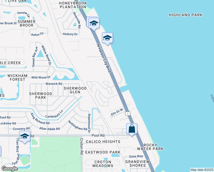 map of restaurants, bars, coffee shops, grocery stores, and more near 4443 Utica Circle in Melbourne