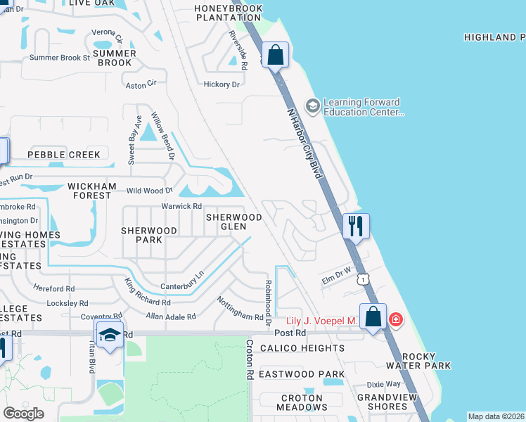 map of restaurants, bars, coffee shops, grocery stores, and more near 2178 Rocway Drive in Melbourne