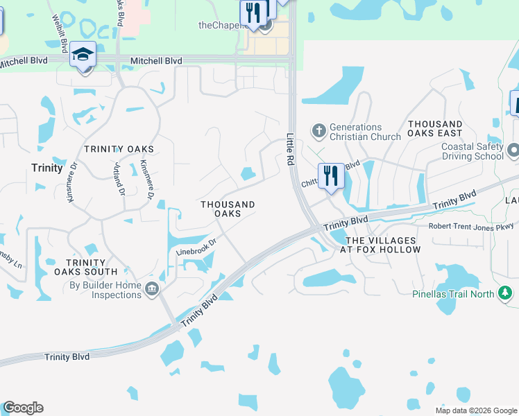 map of restaurants, bars, coffee shops, grocery stores, and more near 8919 Linebrook Drive in Trinity