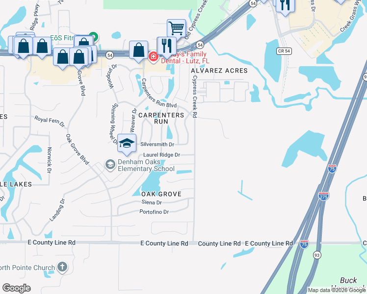 map of restaurants, bars, coffee shops, grocery stores, and more near 1517 Gunsmith Drive in Lutz