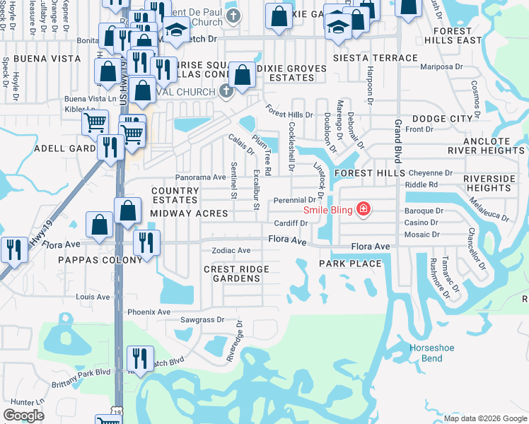 map of restaurants, bars, coffee shops, grocery stores, and more near 1335 Steenbok Drive in Holiday
