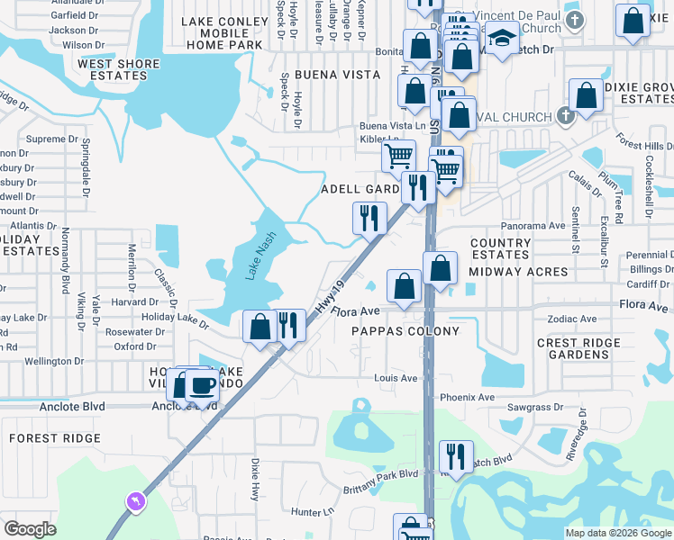 map of restaurants, bars, coffee shops, grocery stores, and more near 1333 Lisabelle Lane in Holiday