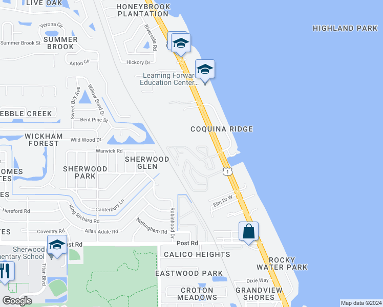 map of restaurants, bars, coffee shops, grocery stores, and more near 2149 Rocway Drive in Melbourne