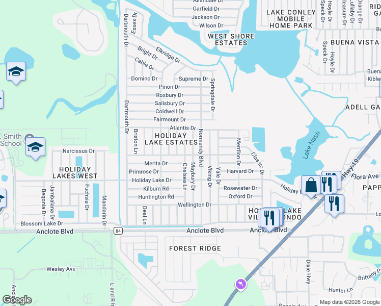 map of restaurants, bars, coffee shops, grocery stores, and more near 1403 Normandy Boulevard in Holiday