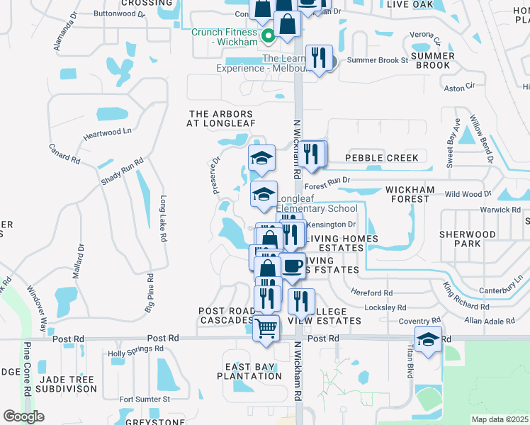 map of restaurants, bars, coffee shops, grocery stores, and more near 4290 North Wickham Road in Melbourne