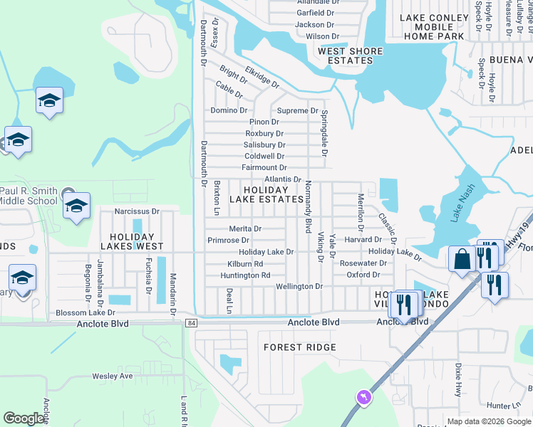 map of restaurants, bars, coffee shops, grocery stores, and more near 1400 Solar Drive in Holiday