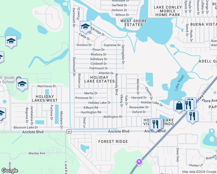 map of restaurants, bars, coffee shops, grocery stores, and more near 1400 Weyford Lane in Holiday