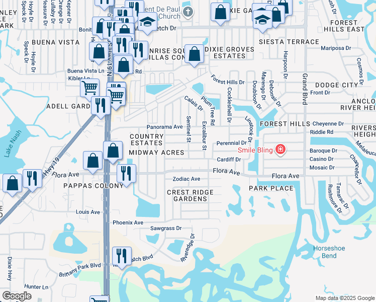 map of restaurants, bars, coffee shops, grocery stores, and more near 4898 Vision Avenue in Holiday