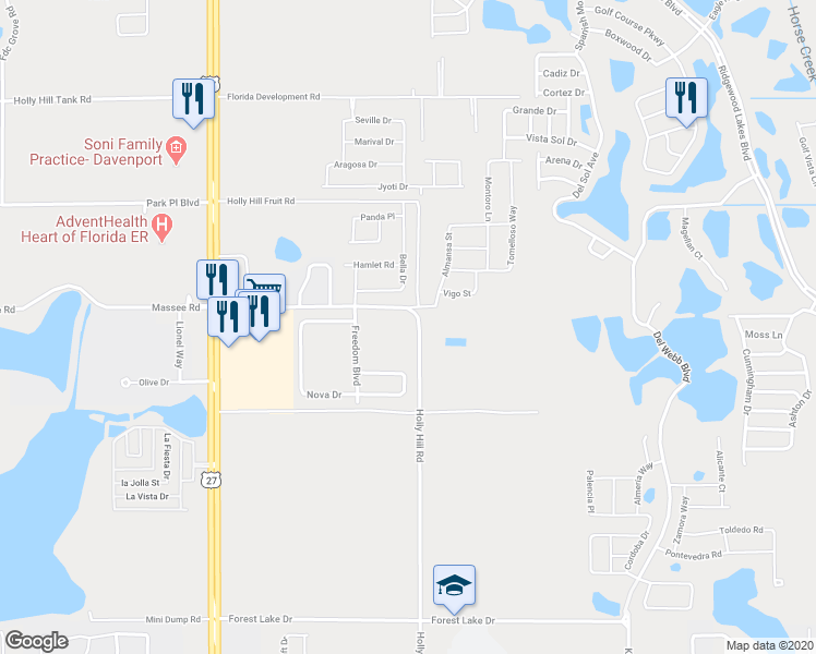 map of restaurants, bars, coffee shops, grocery stores, and more near 1465 Holly Hill Road in Davenport