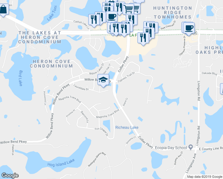 map of restaurants, bars, coffee shops, grocery stores, and more near 22711 Laureldale Drive in Lutz