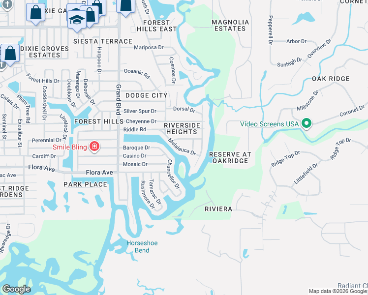 map of restaurants, bars, coffee shops, grocery stores, and more near 5833 Melaleuca Drive in Holiday