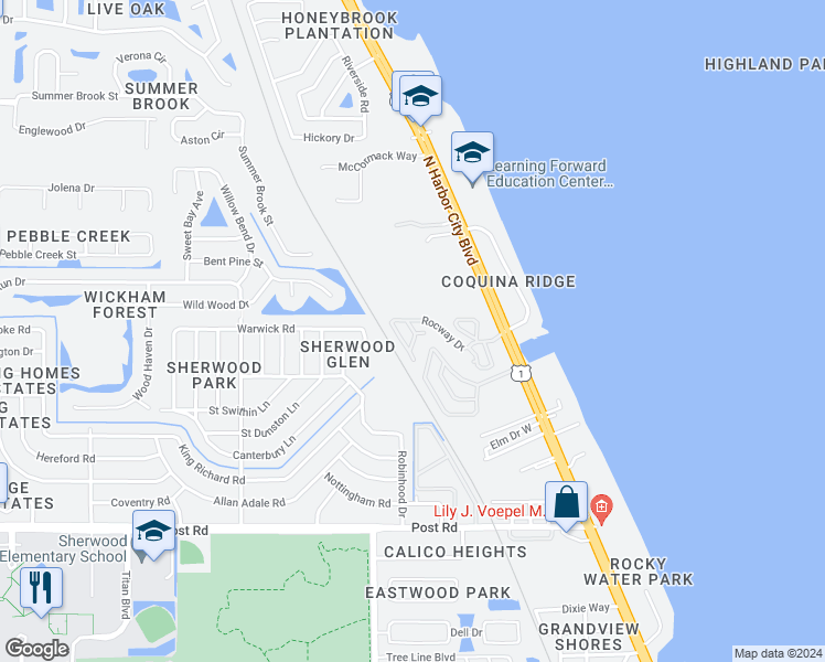 map of restaurants, bars, coffee shops, grocery stores, and more near 2178 Rocway Drive in Melbourne