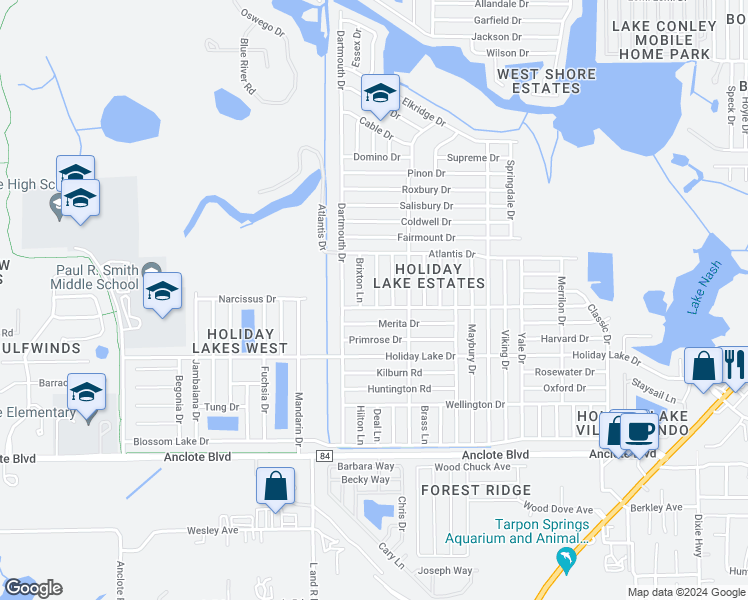 map of restaurants, bars, coffee shops, grocery stores, and more near 1351 Whitehall Lane in Holiday