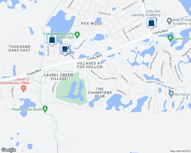 map of restaurants, bars, coffee shops, grocery stores, and more near 10222 Pontofino Circle in Trinity