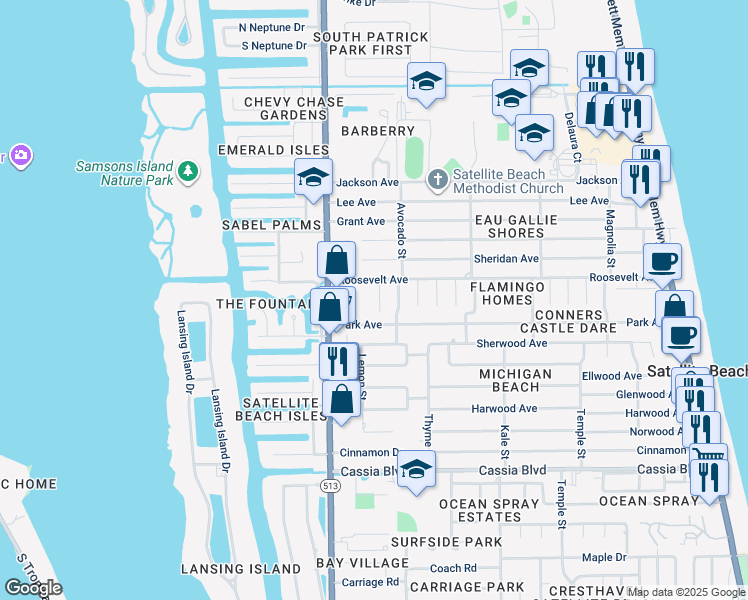map of restaurants, bars, coffee shops, grocery stores, and more near 272 Prince William Court in Satellite Beach
