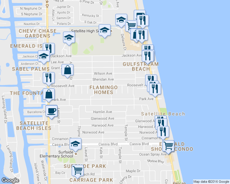 map of restaurants, bars, coffee shops, grocery stores, and more near 230 Jason Court in Satellite Beach