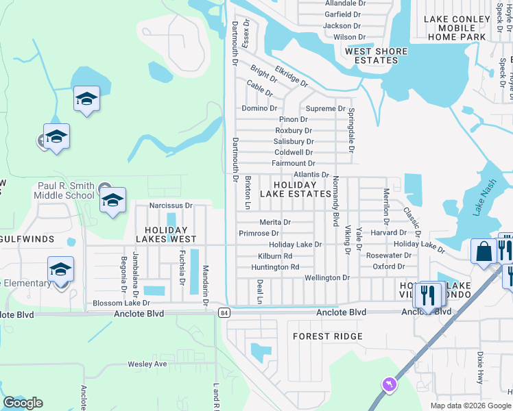 map of restaurants, bars, coffee shops, grocery stores, and more near 1400 Whitehall Lane in Holiday