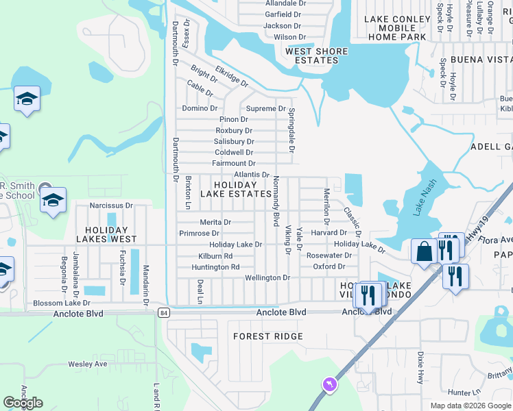 map of restaurants, bars, coffee shops, grocery stores, and more near 1246 Chelsea Lane in Holiday
