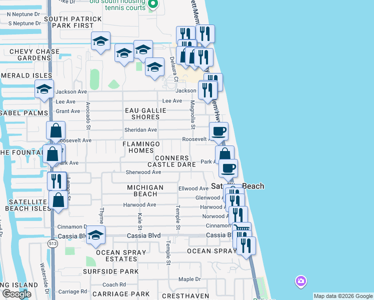 map of restaurants, bars, coffee shops, grocery stores, and more near 230 Magnolia Street in Satellite Beach
