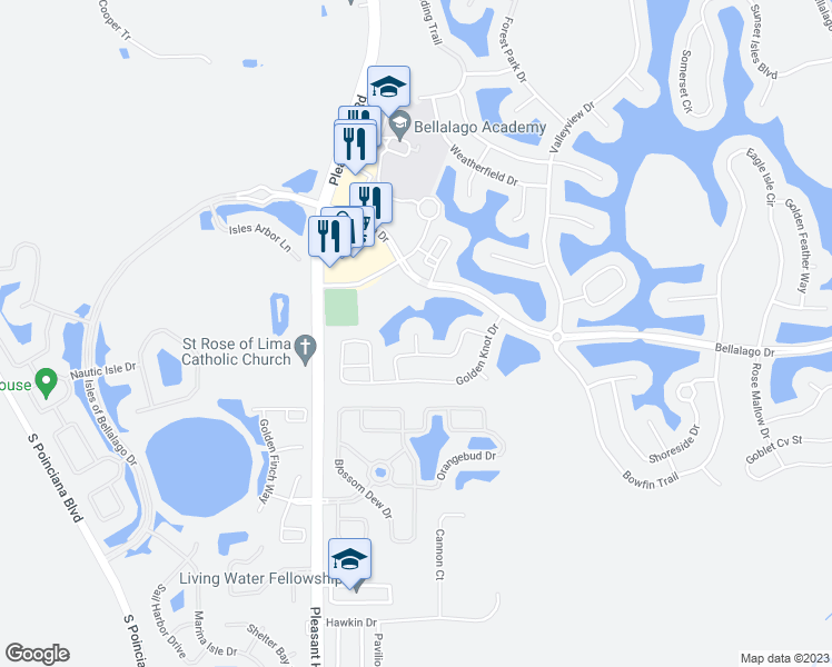 map of restaurants, bars, coffee shops, grocery stores, and more near 3801 Splashview Court in Kissimmee
