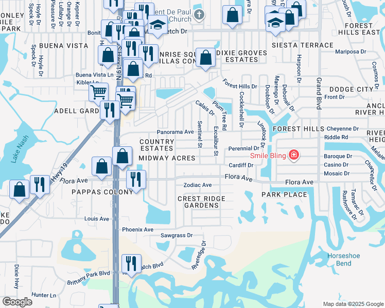 map of restaurants, bars, coffee shops, grocery stores, and more near 4831 Vision Avenue in Holiday
