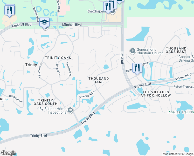 map of restaurants, bars, coffee shops, grocery stores, and more near 8648 Torchwood Drive in Trinity