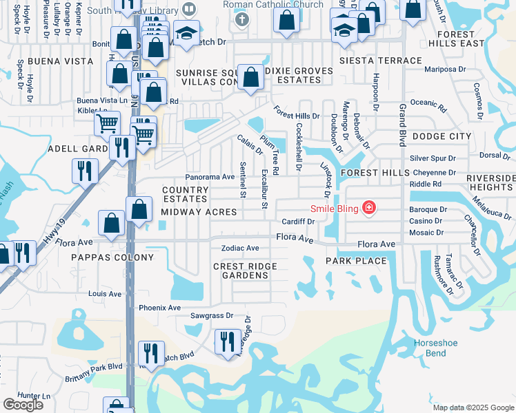 map of restaurants, bars, coffee shops, grocery stores, and more near 4929 Vision Avenue in Holiday
