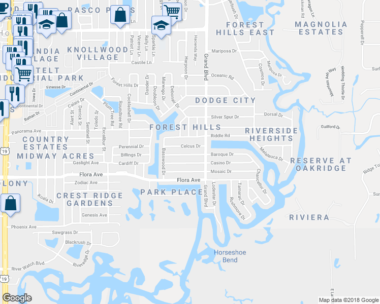 map of restaurants, bars, coffee shops, grocery stores, and more near 5411 Baroque Drive in Holiday