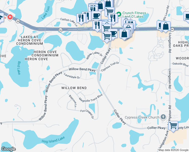 map of restaurants, bars, coffee shops, grocery stores, and more near 22707 Laureldale Drive in Lutz
