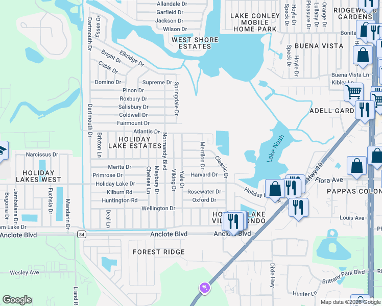 map of restaurants, bars, coffee shops, grocery stores, and more near 1447 Classic Drive in Holiday