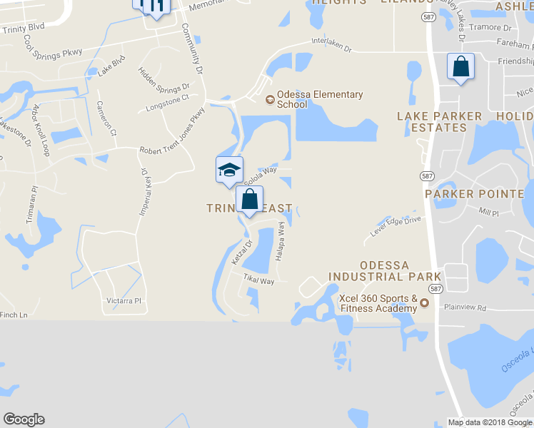 map of restaurants, bars, coffee shops, grocery stores, and more near 1404 Halapa Way in Trinity