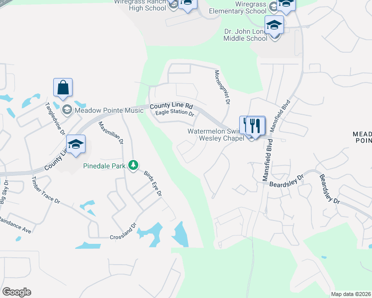 map of restaurants, bars, coffee shops, grocery stores, and more near 1503 Stetson Drive in Wesley Chapel