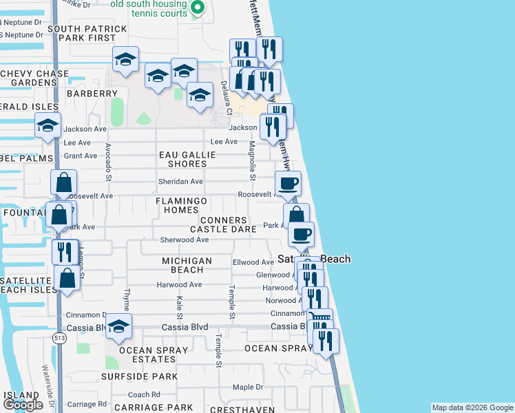 map of restaurants, bars, coffee shops, grocery stores, and more near 180 Seawind Drive in Satellite Beach