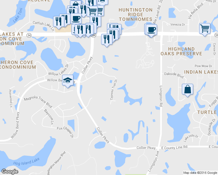 map of restaurants, bars, coffee shops, grocery stores, and more near Cypress Trail Drive in Lutz
