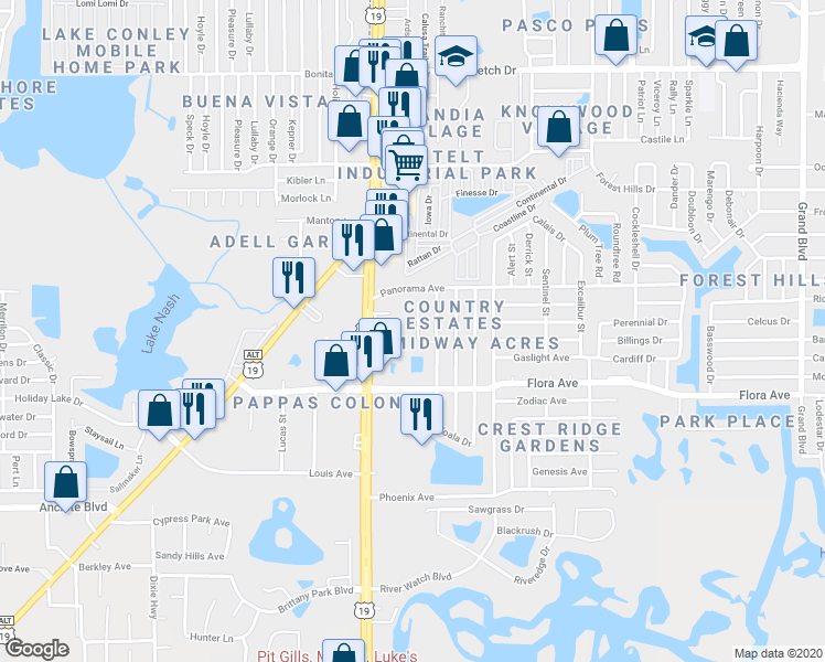 map of restaurants, bars, coffee shops, grocery stores, and more near 1353 Gerard Lane in Holiday