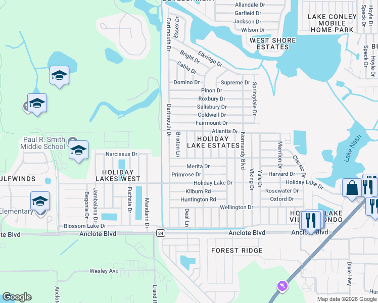 map of restaurants, bars, coffee shops, grocery stores, and more near 1400 Whitehall Lane in Holiday