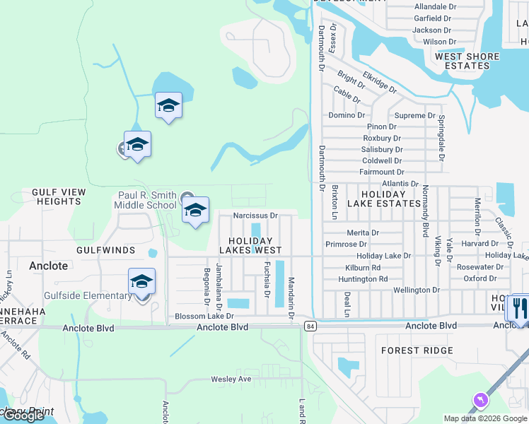 map of restaurants, bars, coffee shops, grocery stores, and more near 2805 Narcissus Drive in Holiday