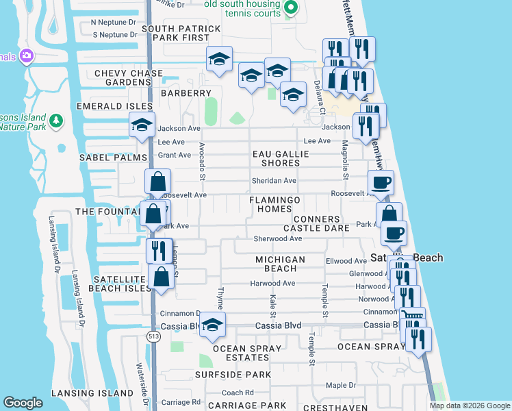 map of restaurants, bars, coffee shops, grocery stores, and more near 225 Pineapple Street in Satellite Beach