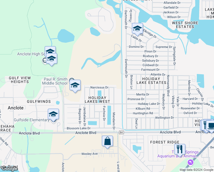 map of restaurants, bars, coffee shops, grocery stores, and more near 2823 Narcissus Drive in Holiday