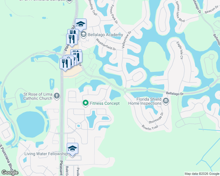 map of restaurants, bars, coffee shops, grocery stores, and more near 3801 Golden Knot Drive in Kissimmee