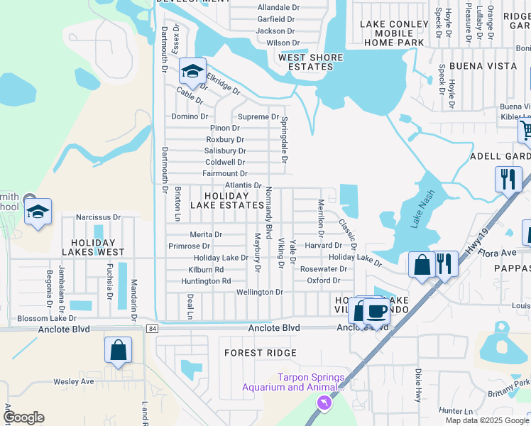 map of restaurants, bars, coffee shops, grocery stores, and more near 1403 Normandy Boulevard in Holiday