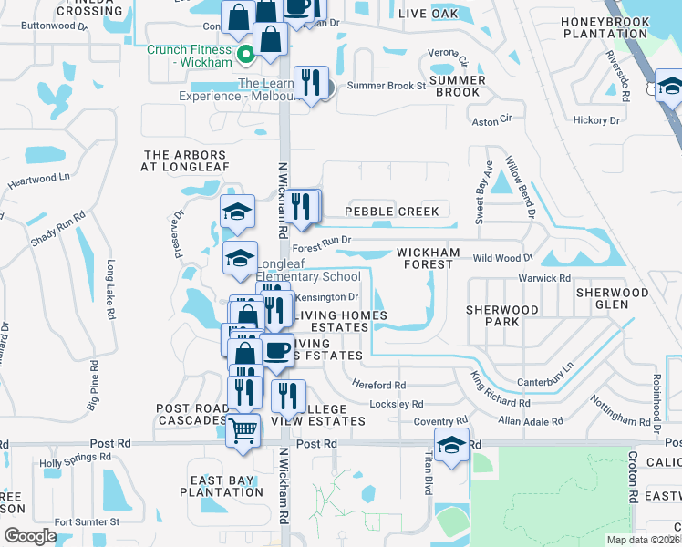 map of restaurants, bars, coffee shops, grocery stores, and more near 2810 Pembroke Road in Melbourne