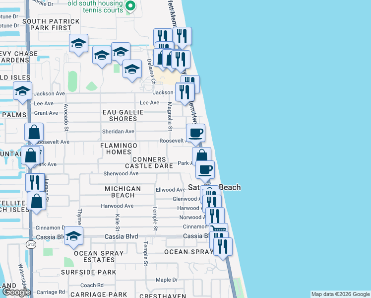 map of restaurants, bars, coffee shops, grocery stores, and more near 110 Seawind Drive in Satellite Beach