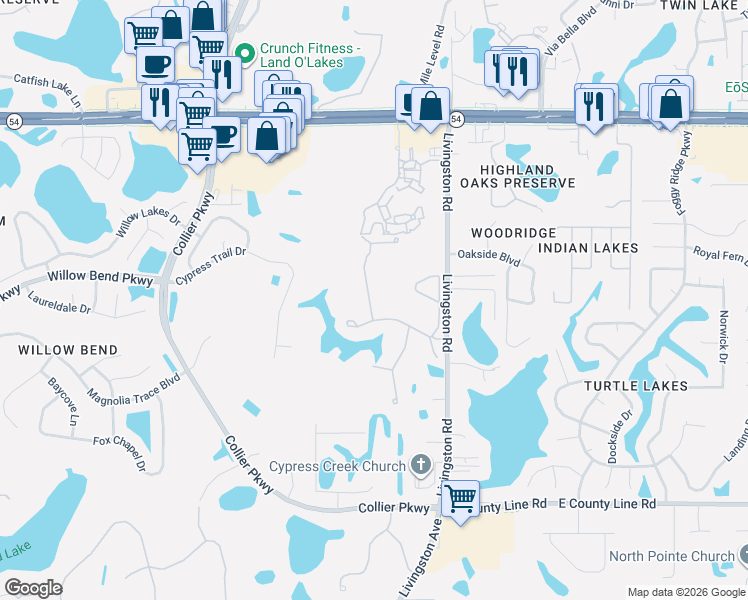 map of restaurants, bars, coffee shops, grocery stores, and more near 1603 Cassius Street in Lutz