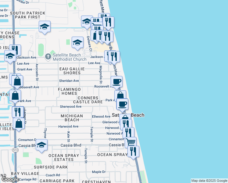 map of restaurants, bars, coffee shops, grocery stores, and more near 140 Seawind Drive in Satellite Beach