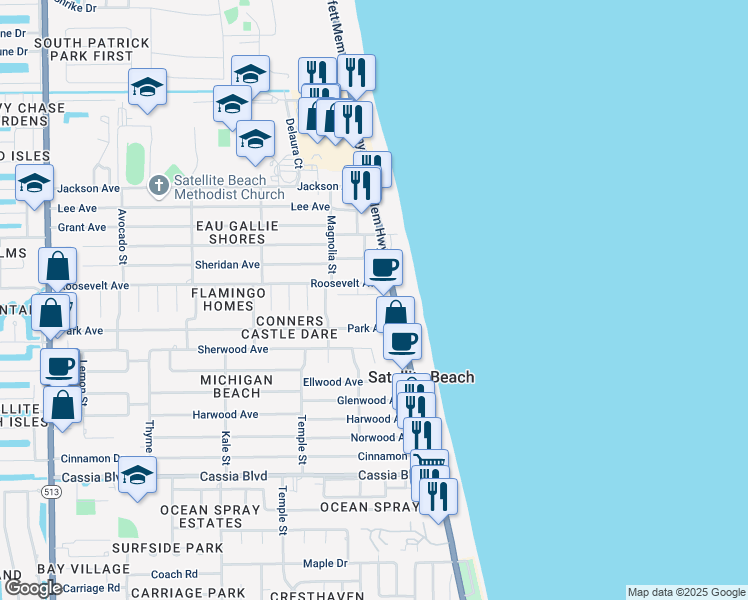 map of restaurants, bars, coffee shops, grocery stores, and more near 136 Seawind Drive in Satellite Beach