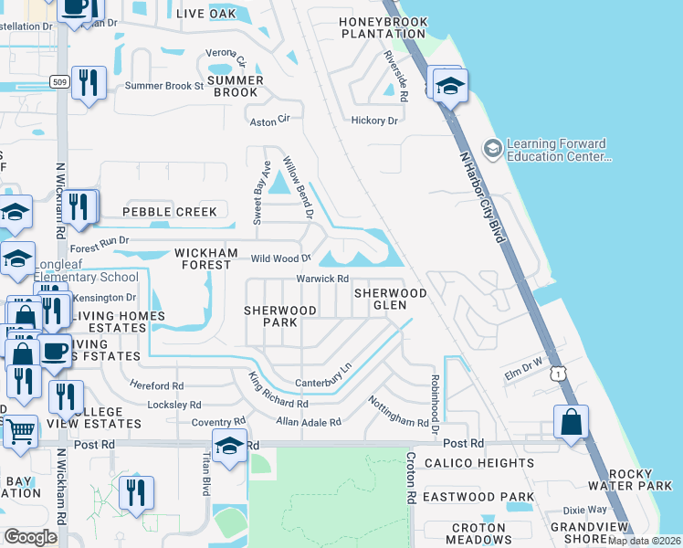 map of restaurants, bars, coffee shops, grocery stores, and more near 2280 Warwick Road in Melbourne