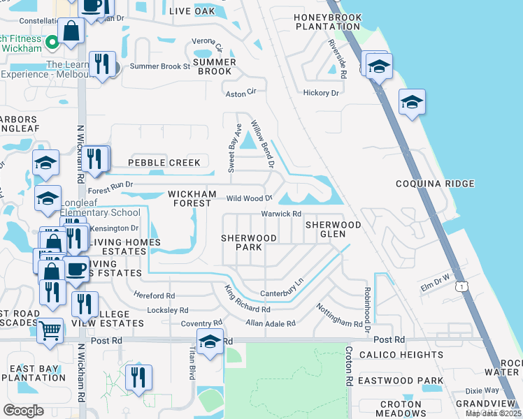 map of restaurants, bars, coffee shops, grocery stores, and more near 2360 Warwick Road in Melbourne